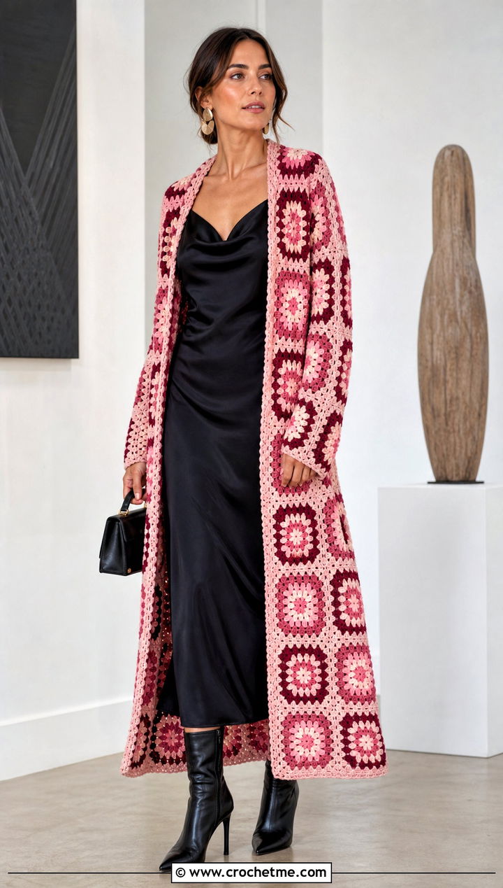 Granny Square Duster Coat With Slip Dress - 30 crochet granny square coat outfit ideas