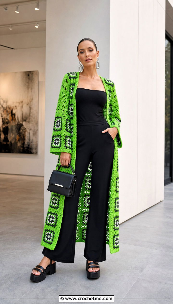 Granny Square Duster Cover Up With Black Jumpsuit - 35 granny square cover up outfit ideas