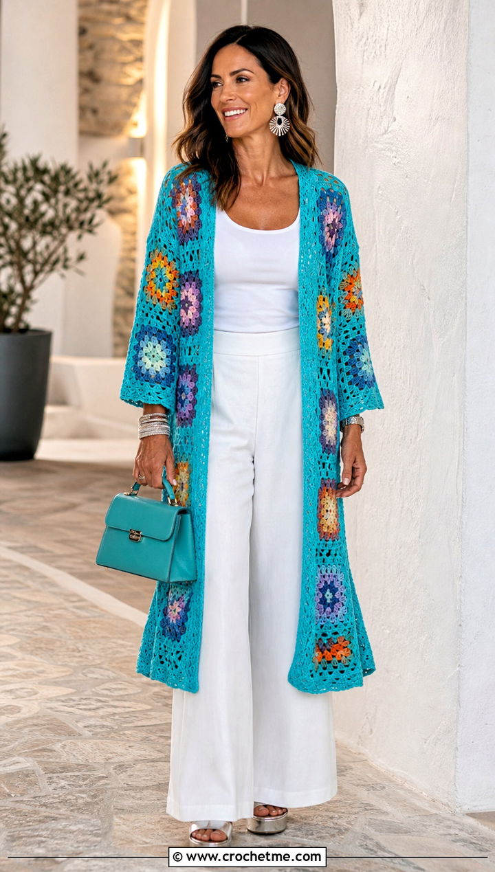 Granny Square Duster With Tank And Wide Leg Pants - 35 granny square clothing and outfit ideas