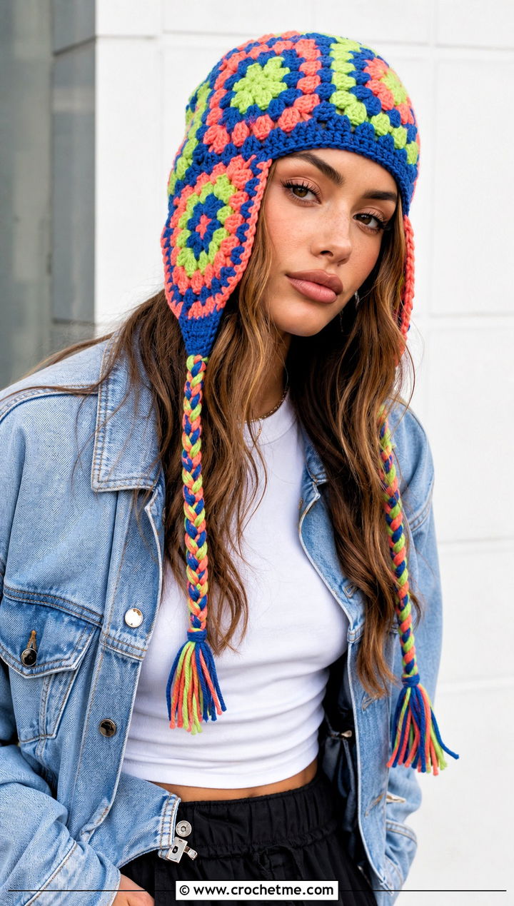 Granny Square Ear Flap Beanie With Denim Jacket - 30 crochet ear flap beanie outfit ideas