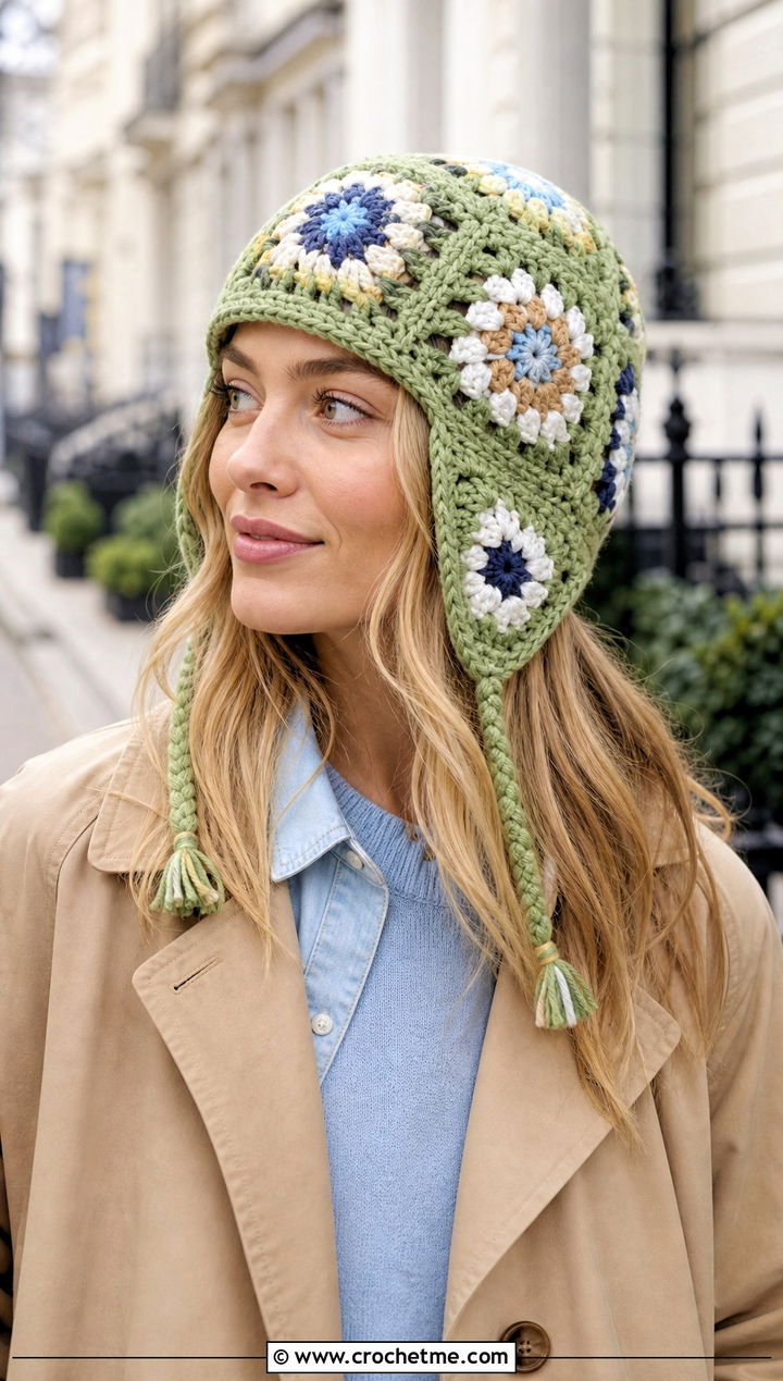Granny Square Earflap Crochet Beanie With Trench Coat - 25 Earflap Crochet Beanie outfit ideas