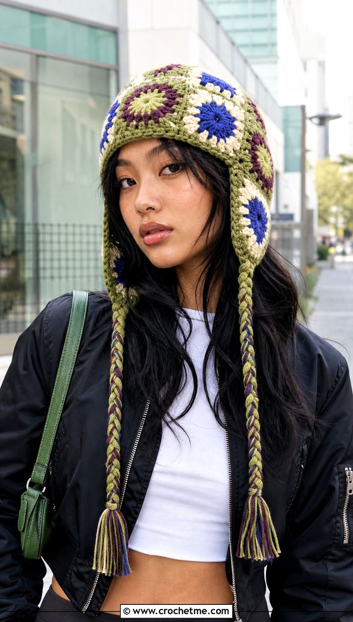 Granny Square Earflap Crochet Hat With Bomber Jacket - 25 Weird Crochet Hat outfit ideas