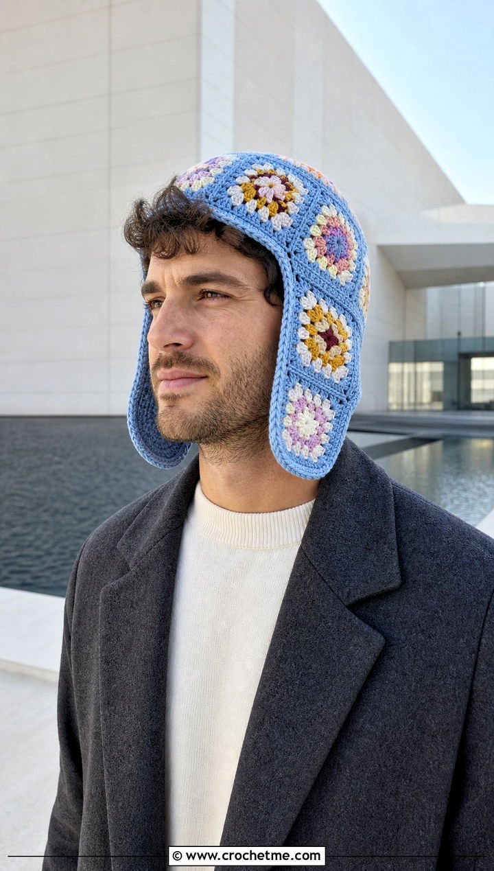Granny Square Earflap Hat With Minimalist Coat - 15 Mens Crochet Hat With Earflaps outfit ideas