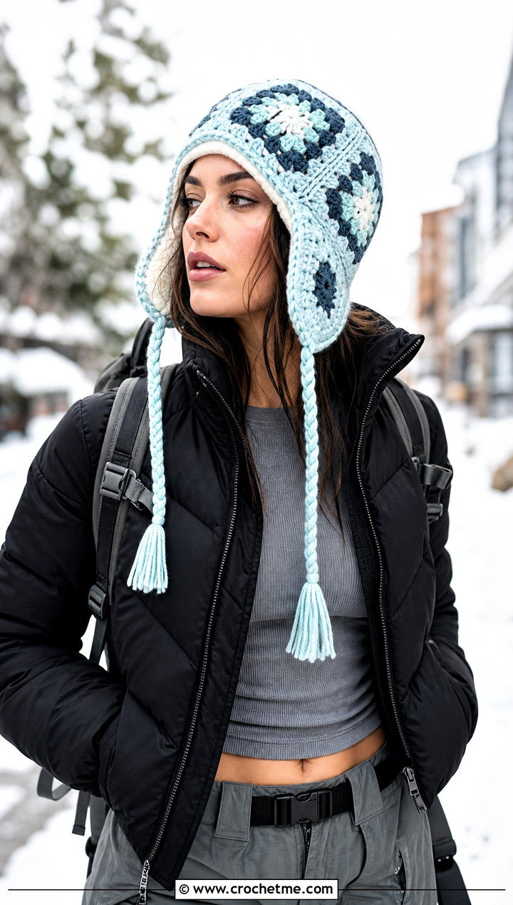 Granny Square Earflap Hat With Puffer Jacket - 30 crochet granny hat outfit ideas