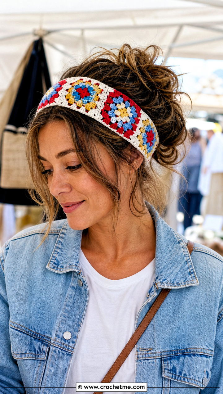 Granny Square Elastic Crochet Headband With a Denim Jacket - 25 Crochet Headbands With Elastic outfit ideas