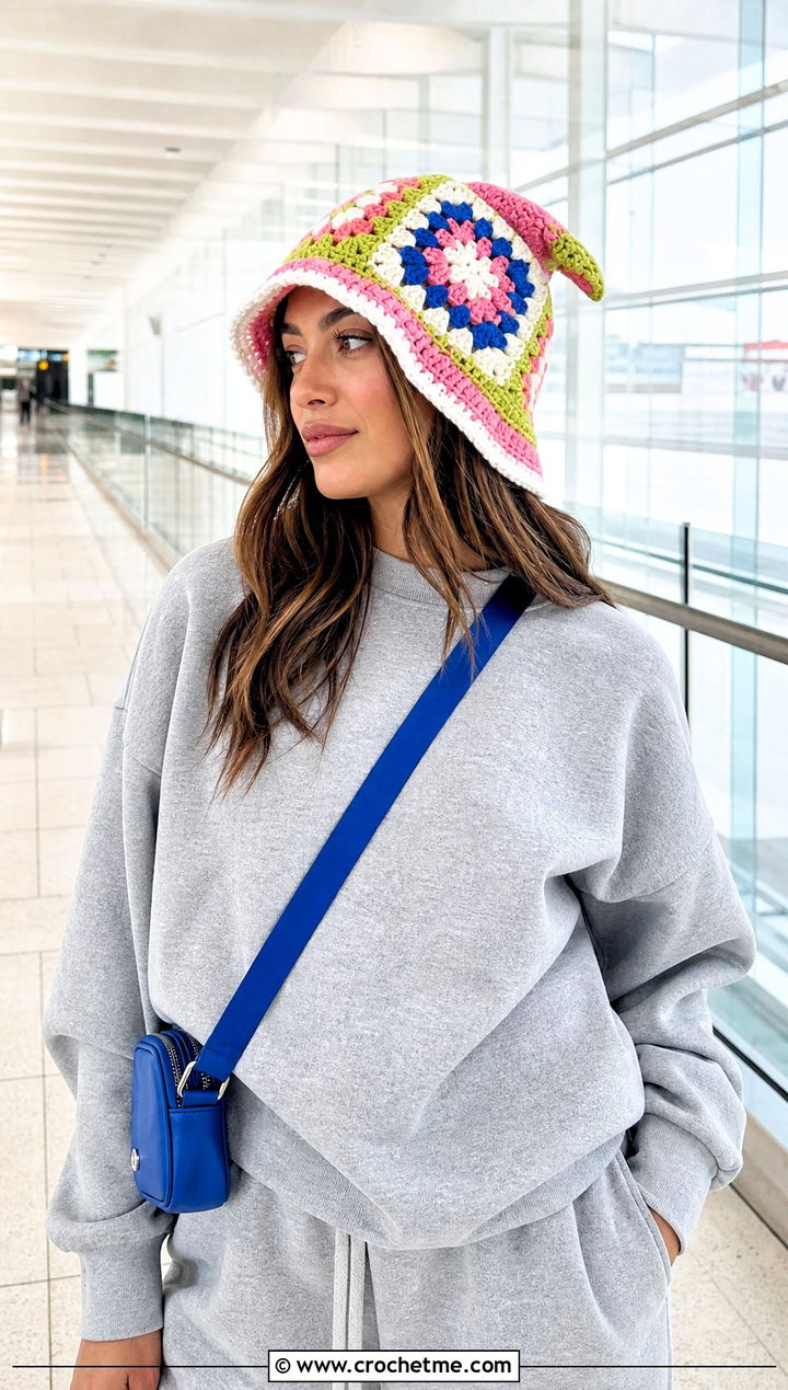 Granny Square Fairy Hat With Sweatshirt And Track Pants - 20 Crochet Fairy Hat outfit ideas