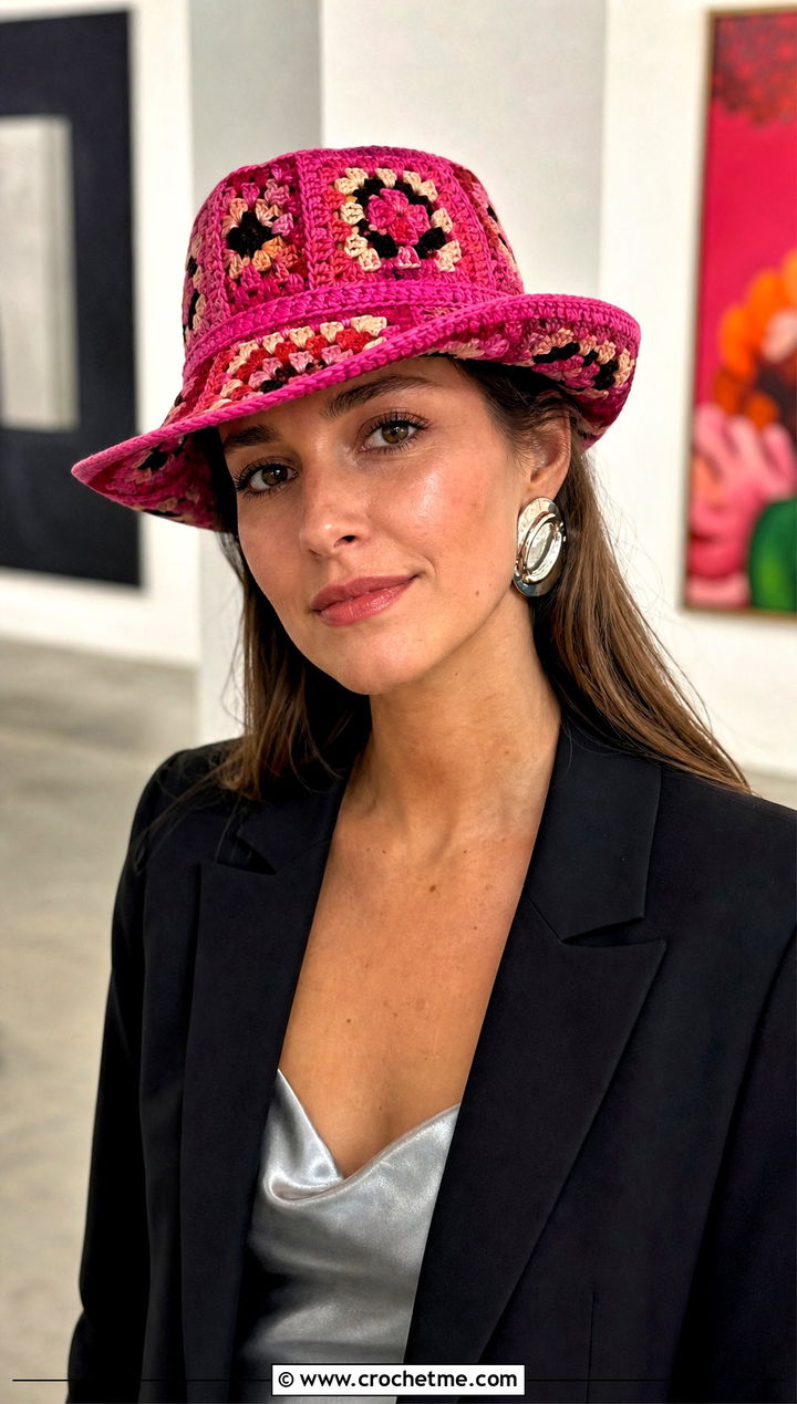 Granny Square Fedora Hat With Slip Dress - 25 Easy Crochet Granny Square Hats outfit ideas