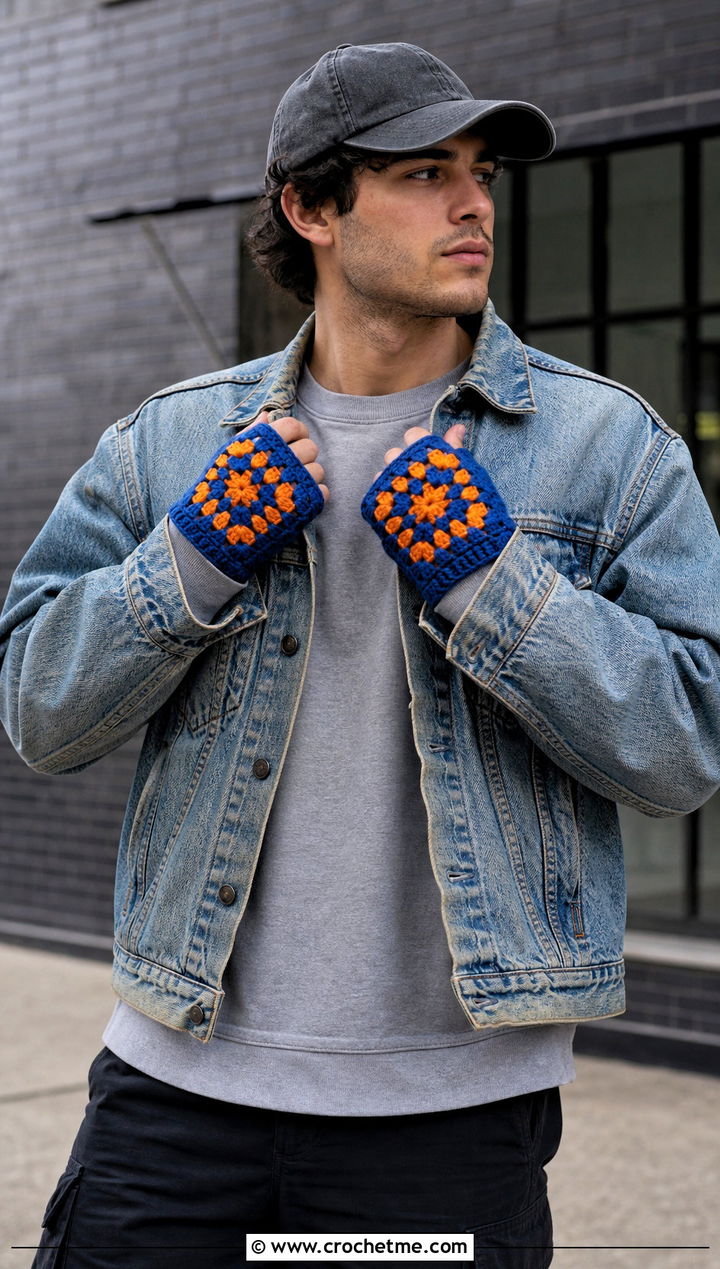 Granny Square Fingerless Crochet Gloves With Denim Jacket - 25 men's crochet gloves outfit ideas