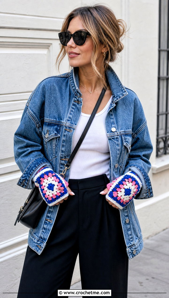 Granny Square Fingerless Crochet Gloves With Denim Jacket - 30 fingerless crochet gloves outfit ideas