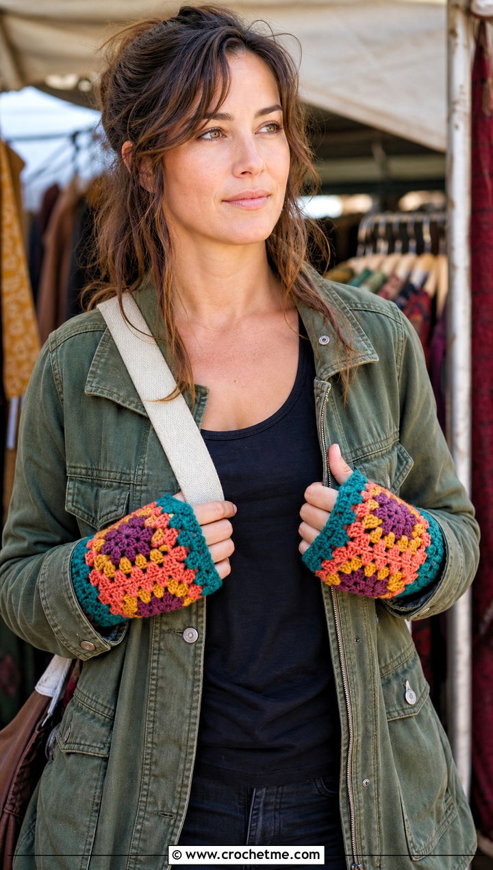 Granny Square Fingerless Crochet Gloves With Utility Jacket - 25 crochet glove outfit ideas