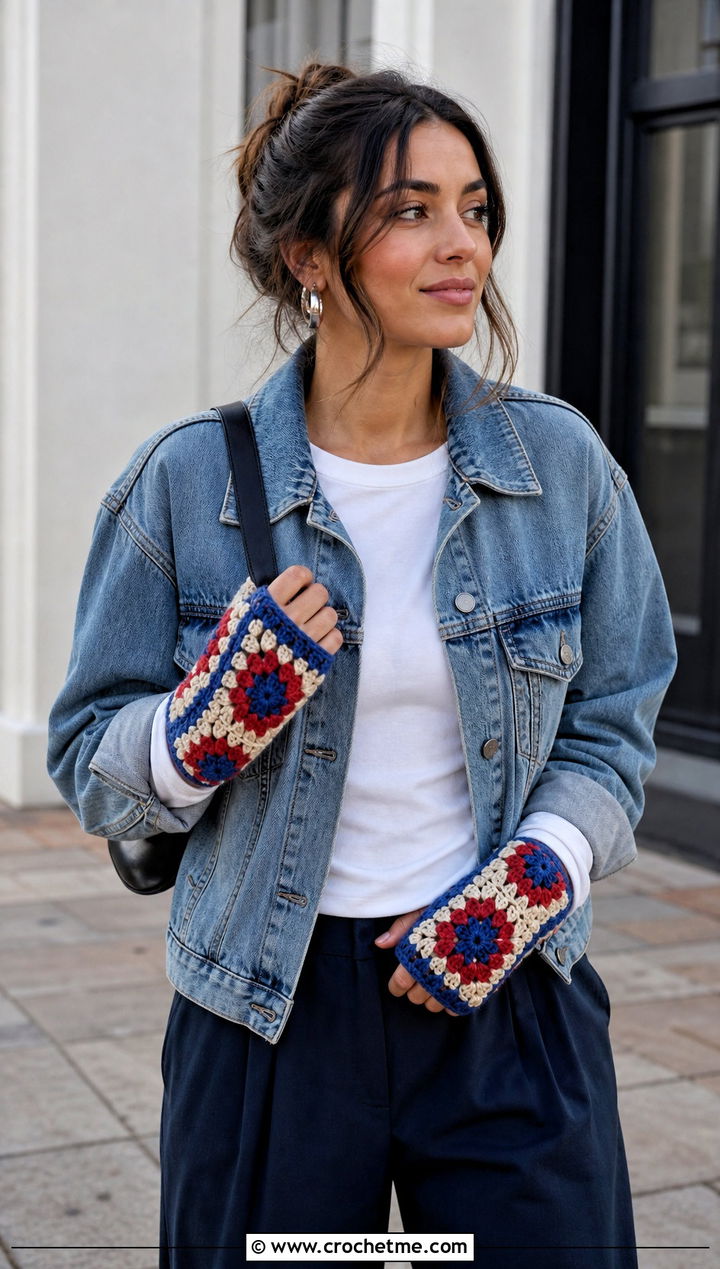 Granny Square Fingerless Crochet Mittens With Denim Jacket - 25 quick crochet mittens outfit ideas