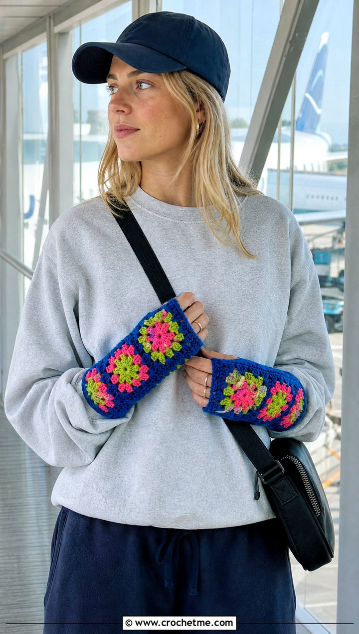 Granny Square Fingerless Gloves With A Sweatsuit - 25 Vintage Crochet Gloves outfit ideas
