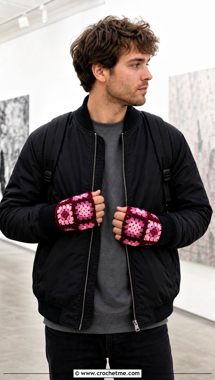 Granny Square Fingerless Gloves With Bomber Jacket - 25 Crochet Mens Fingerless Gloves outfit ideas