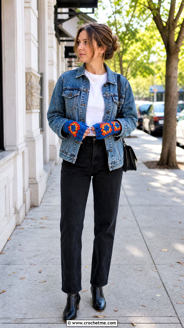 Granny Square Fingerless Gloves With Denim Jacket - 35 crochet hand gloves outfit ideas