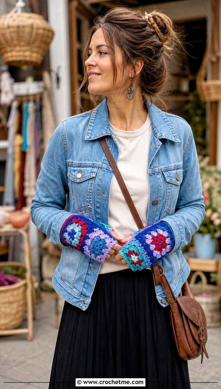Granny Square Fingerless Gloves With Denim Jacket And Maxi Skirt - 30 crocheted fingerless gloves outfit ideas