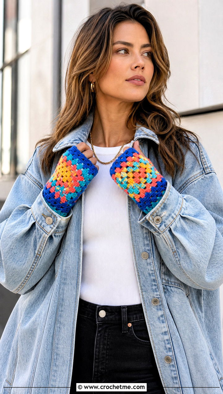 Granny Square Fingerless Gloves With Denim Jacket - 30 aesthetic crochet gloves outfit ideas