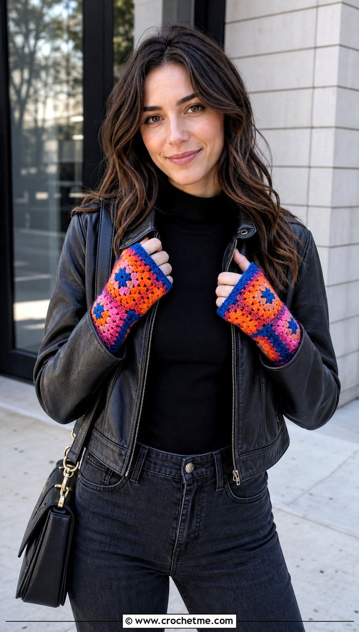 Granny Square Fingerless Gloves With Leather Jacket - 25 Crochet For Fingerless Gloves outfit ideas