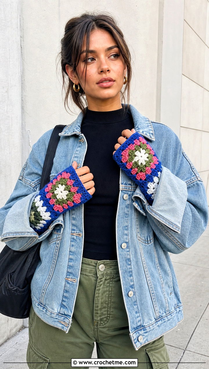Granny Square Fingerless Mittens With Denim Jacket - 25 cute crochet mittens outfit ideas