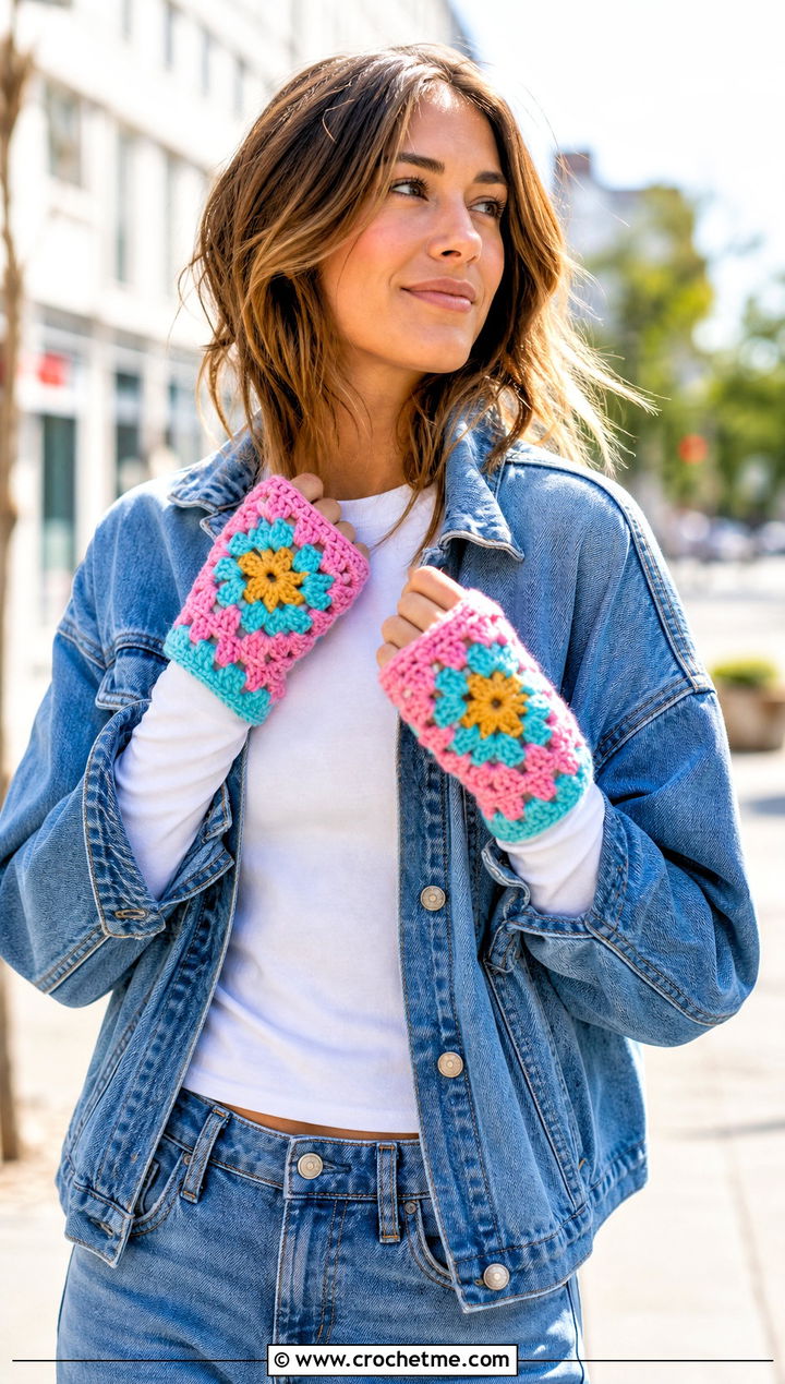Granny Square Fingerless Mittens With Denim Jacket - 30 crochet hand mittens outfit ideas