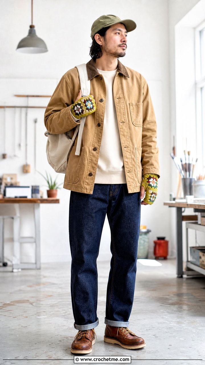 Granny Square Fingerless Mitts With Chore Coat - 35 crochet gloves for men outfit ideas