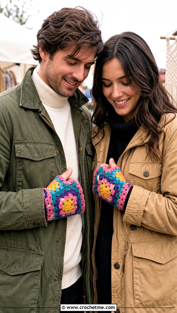 Granny Square Fingerless Mitts With Utility Jackets - 25 Crochet Gloves For Couples outfit ideas