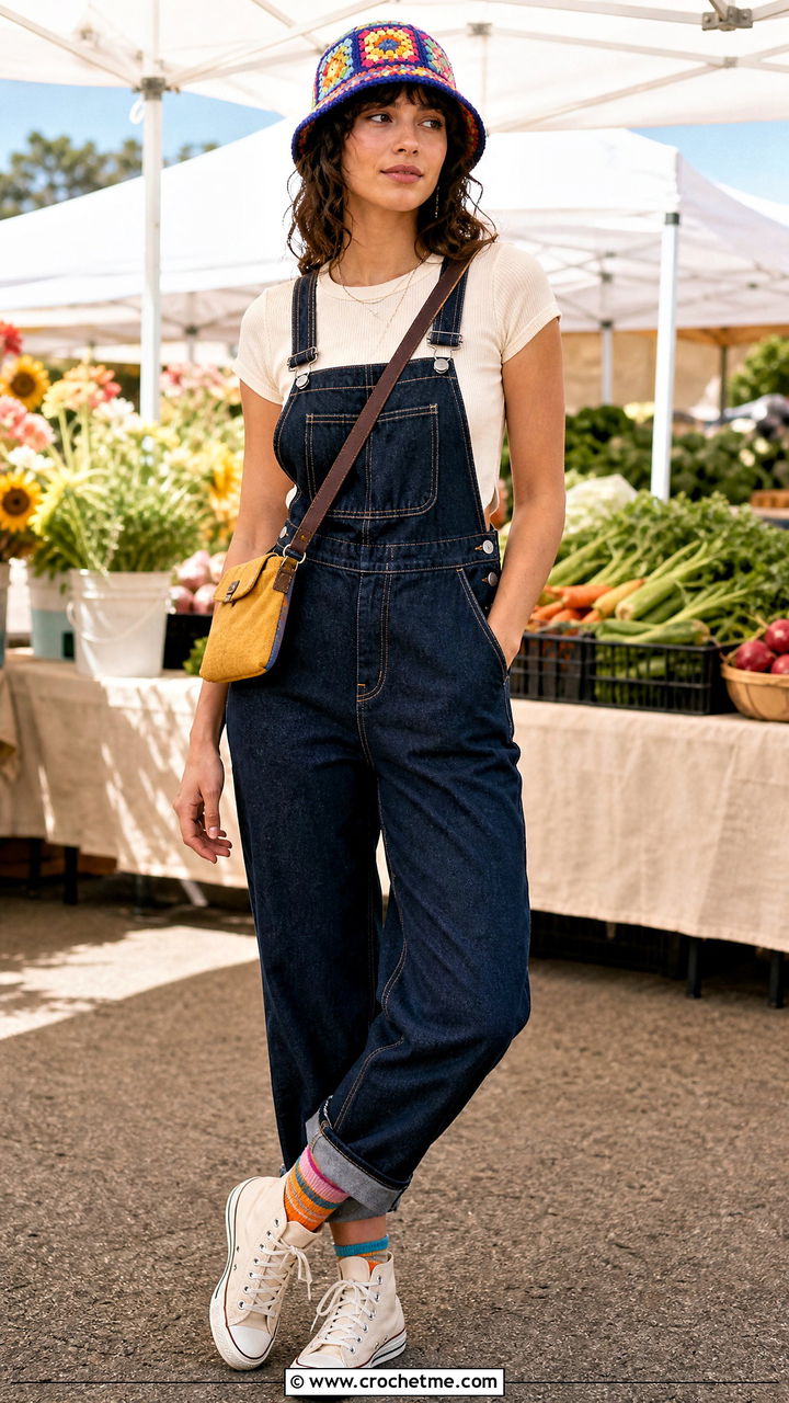 Granny Square Fisherman Hat With Denim Overalls - 35 crochet fisherman hat outfit ideas