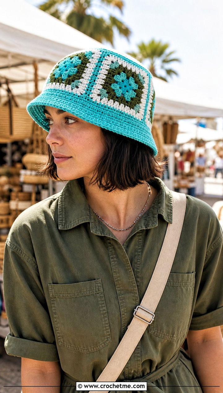 Granny Square Fisherman Hat With Utility Jumpsuit - 25 Easy Crochet Granny Square Hats outfit ideas