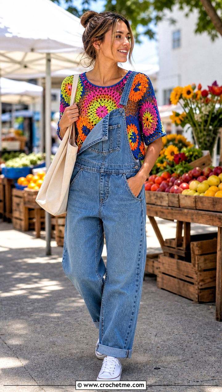 Granny Square Fishnet Crochet Top With Denim Overalls - 25 Fishnet Crochet Top outfit ideas