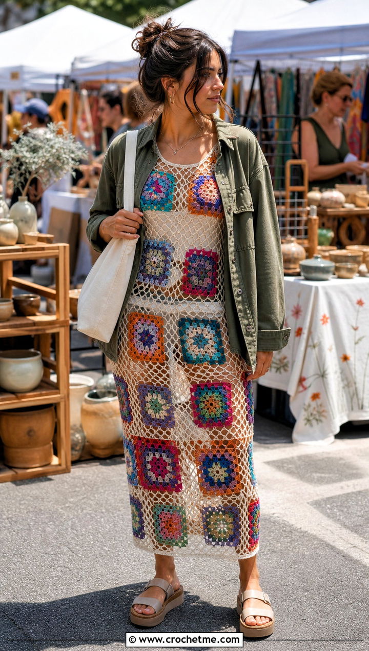 Granny Square Fishnet Dress With Utility Jacket - 15 Crochet Fishnet Dress outfit ideas