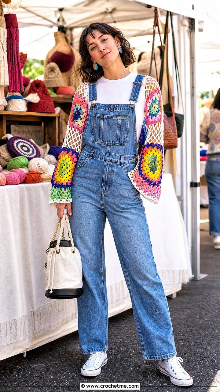 Granny Square Fishnet Shrug With White Tee And Denim Overalls - 35 crochet fishnet shrug outfit ideas