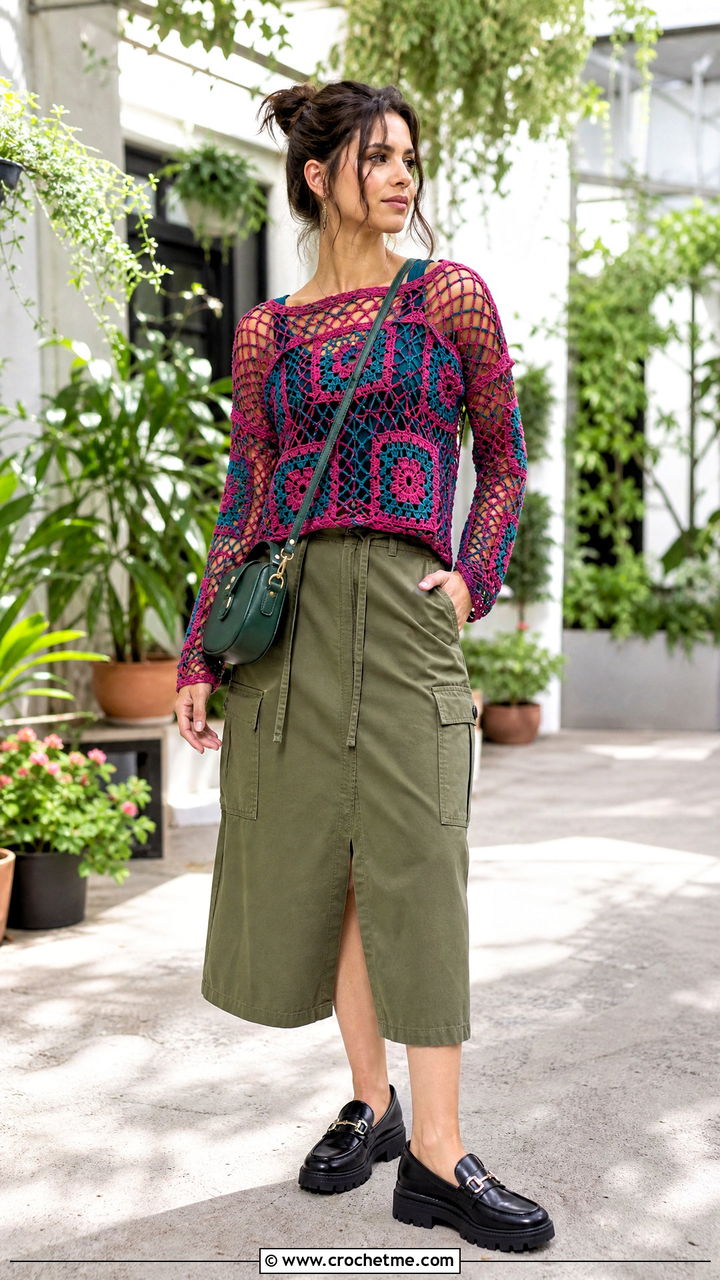 Granny Square Fishnet Top With Utility Skirt - 35 crochet fishnet top outfit ideas