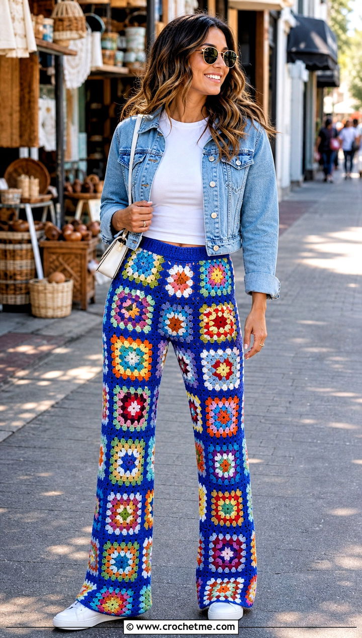 Granny Square Flare Crochet Pants With Fitted Tee - 25 flare crochet pants outfit ideas