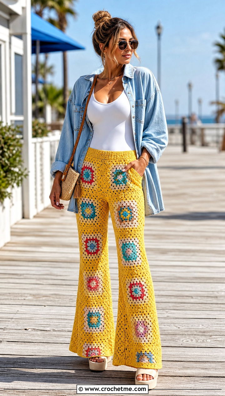 Granny Square Flare Crochet Swim Pants With Denim Shirt - 20 Crochet Swim Pants outfit ideas