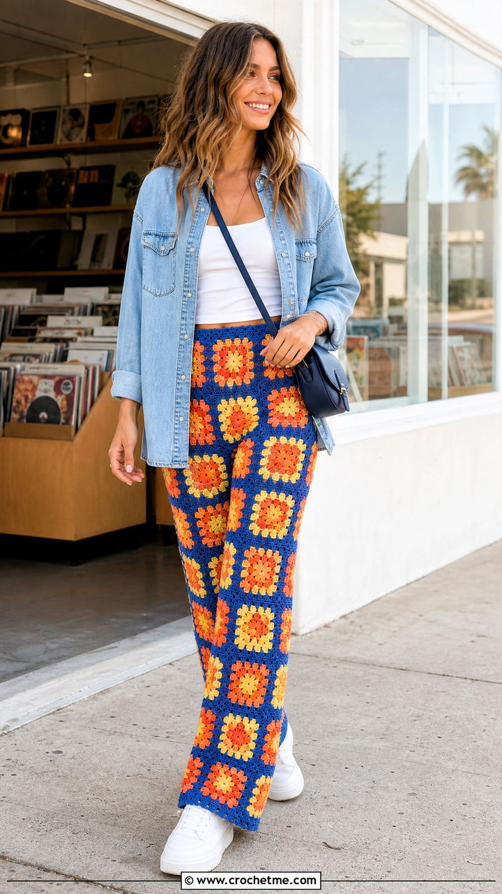 Granny Square Flare Crochet Trousers With Denim Shirt - 35 crochet trousers outfit ideas