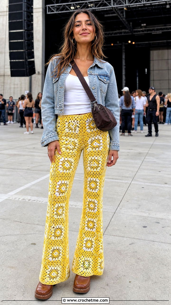 Granny Square Flare Pants With Denim Jacket - 35 granny square clothes and outfit ideas