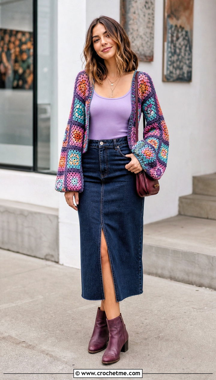 Granny Square Flare Sleeve Crochet Top With Denim Skirt - 20 Crochet Top With Flare Sleeves outfit ideas