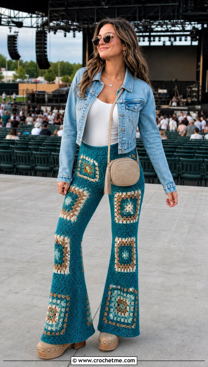 Granny Square Flared Pants With Denim Jacket - 35 Granny Square Clothing Ideas