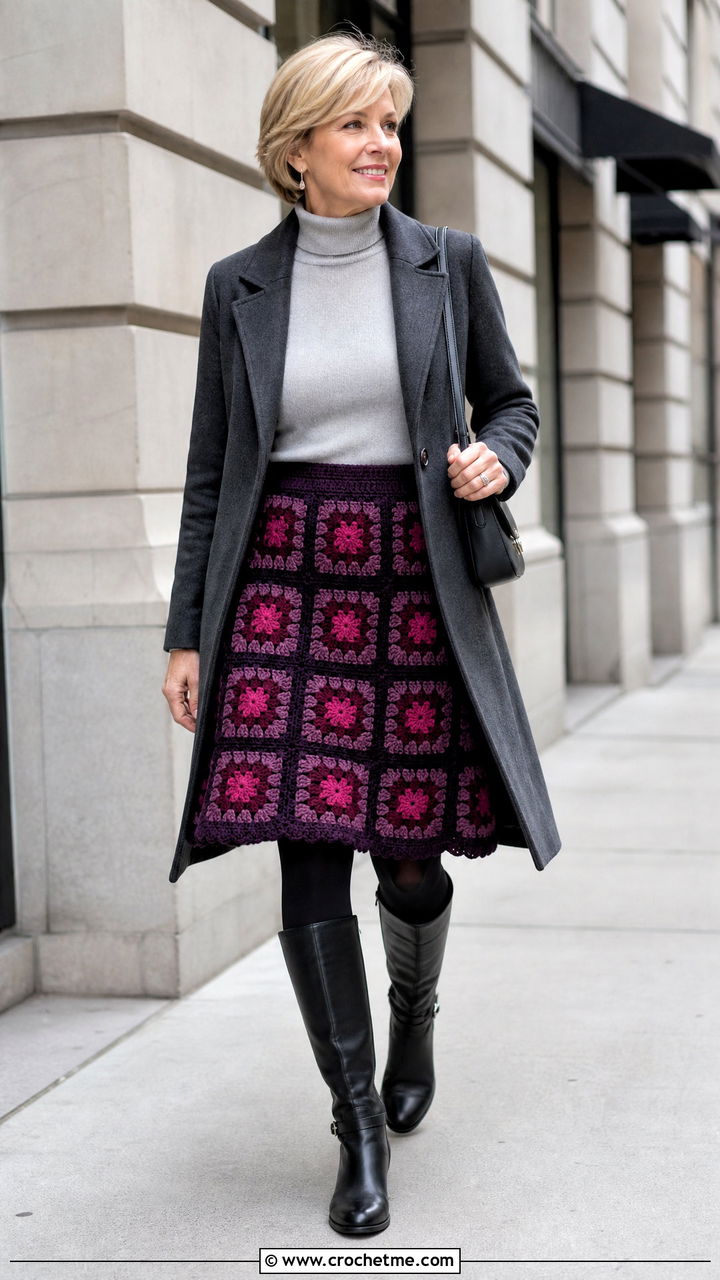 Granny Square Flared Skirt With Fitted Turtleneck - 35 granny square skirt outfit ideas