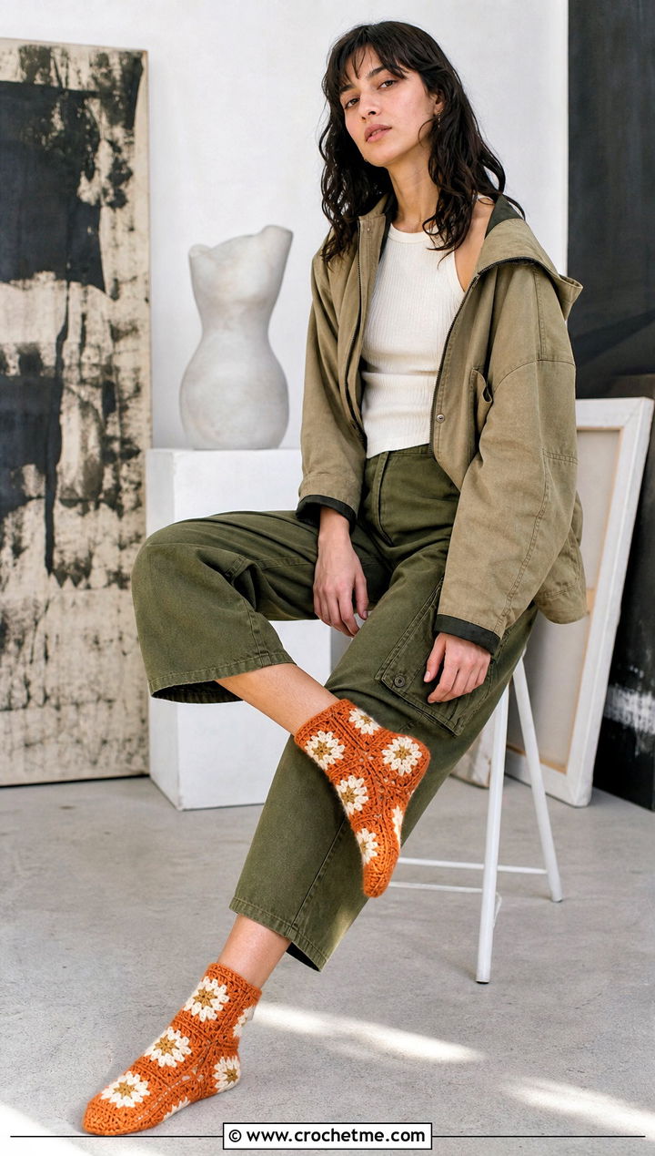 Granny Square Flat Crochet Socks With Utility Jacket And Cargo Pants - 25 flat crochet sock outfit ideas