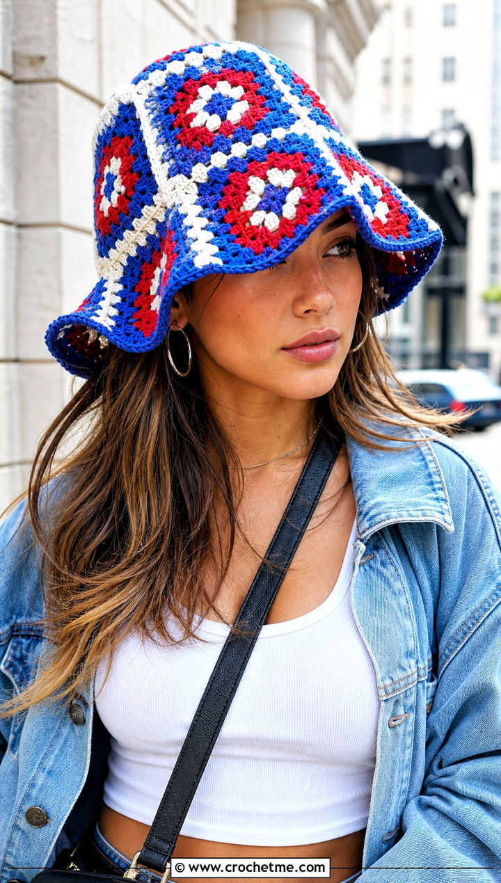 Granny Square Floppy Crochet Hat With Denim Jacket - 25 floppy crochet hat outfit ideas