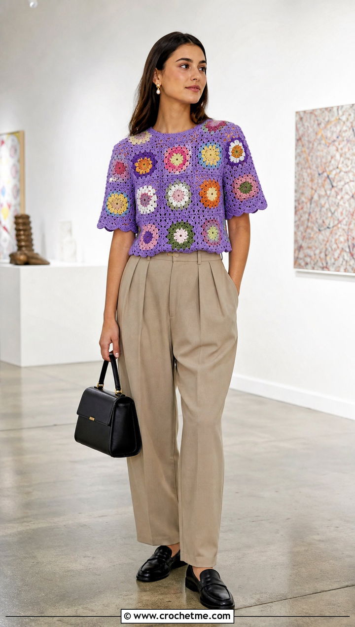 Granny Square Floral Crochet Blouse With Tailored Trousers - 15 floral crochet blouse style outfit ideas