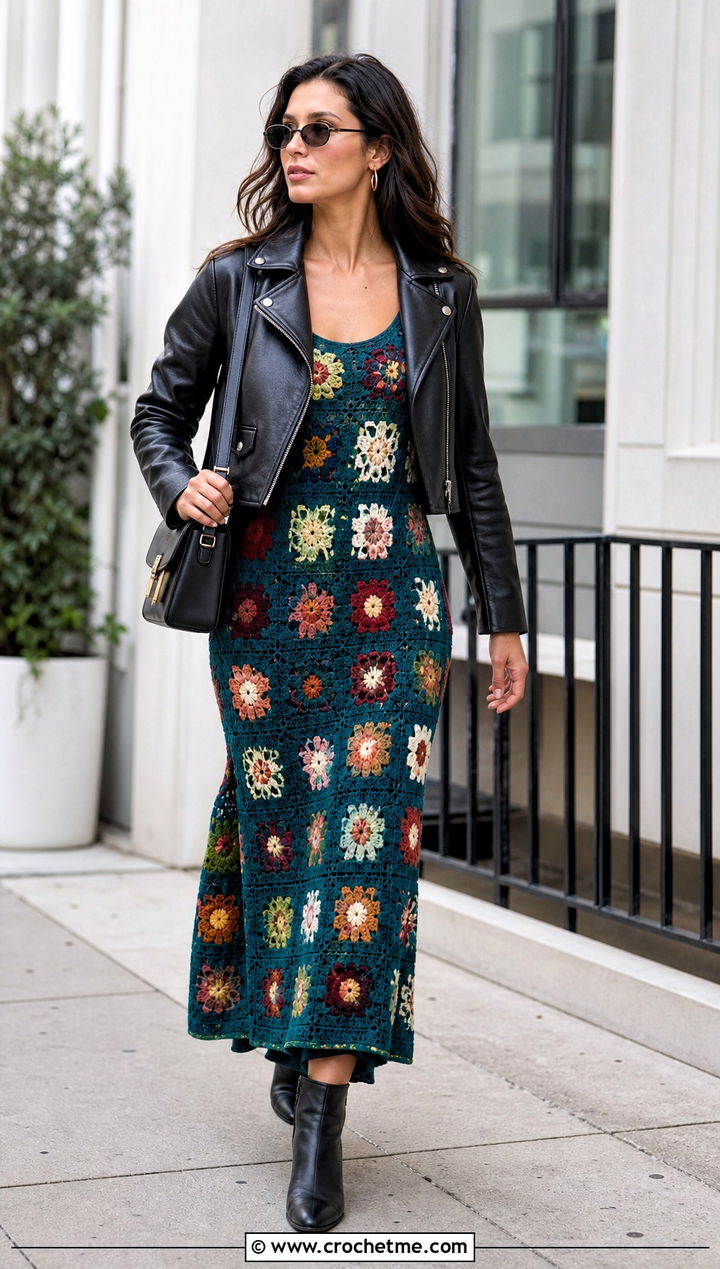 Granny Square Floral Crochet Maxi Dress With Leather Jacket - 15 floral crochet maxi dress outfit ideas