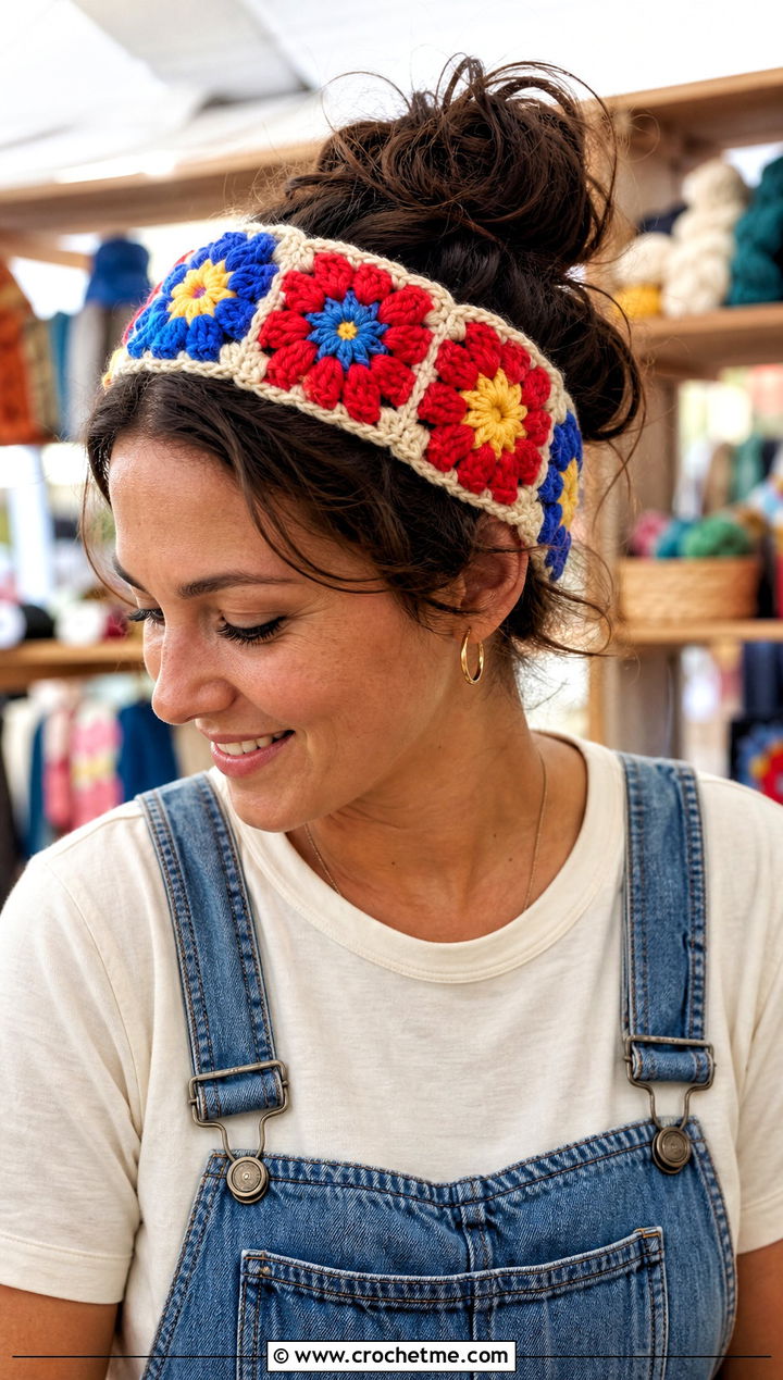 Granny Square Floral Headband With Overalls And T Shirt - 30 crochet headband with flower outfit ideas