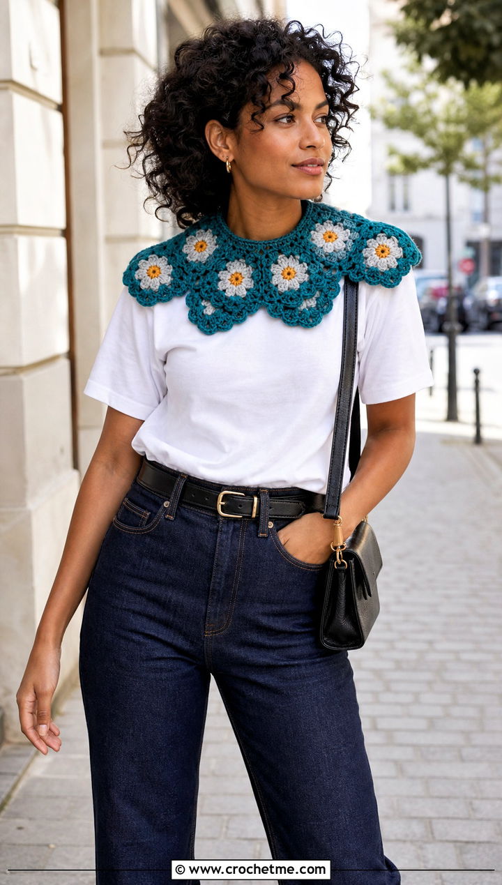 Granny Square Flower Collar With White T Shirt - 15 handmade floral crochet collar outfit ideas
