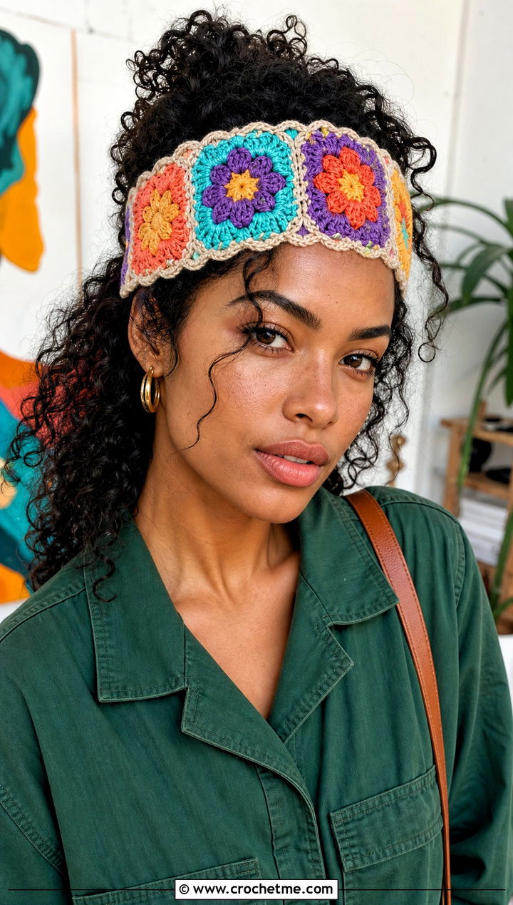 Granny Square Flower Crochet Headband With Jumpsuit - 15 crochet headband with flower decoration outfit ideas