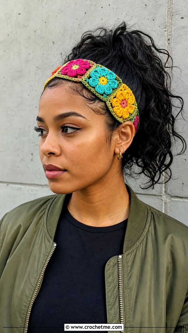 Granny Square Flower Headband Set With Cargo Pants - 15 crochet flower and headband set outfit ideas