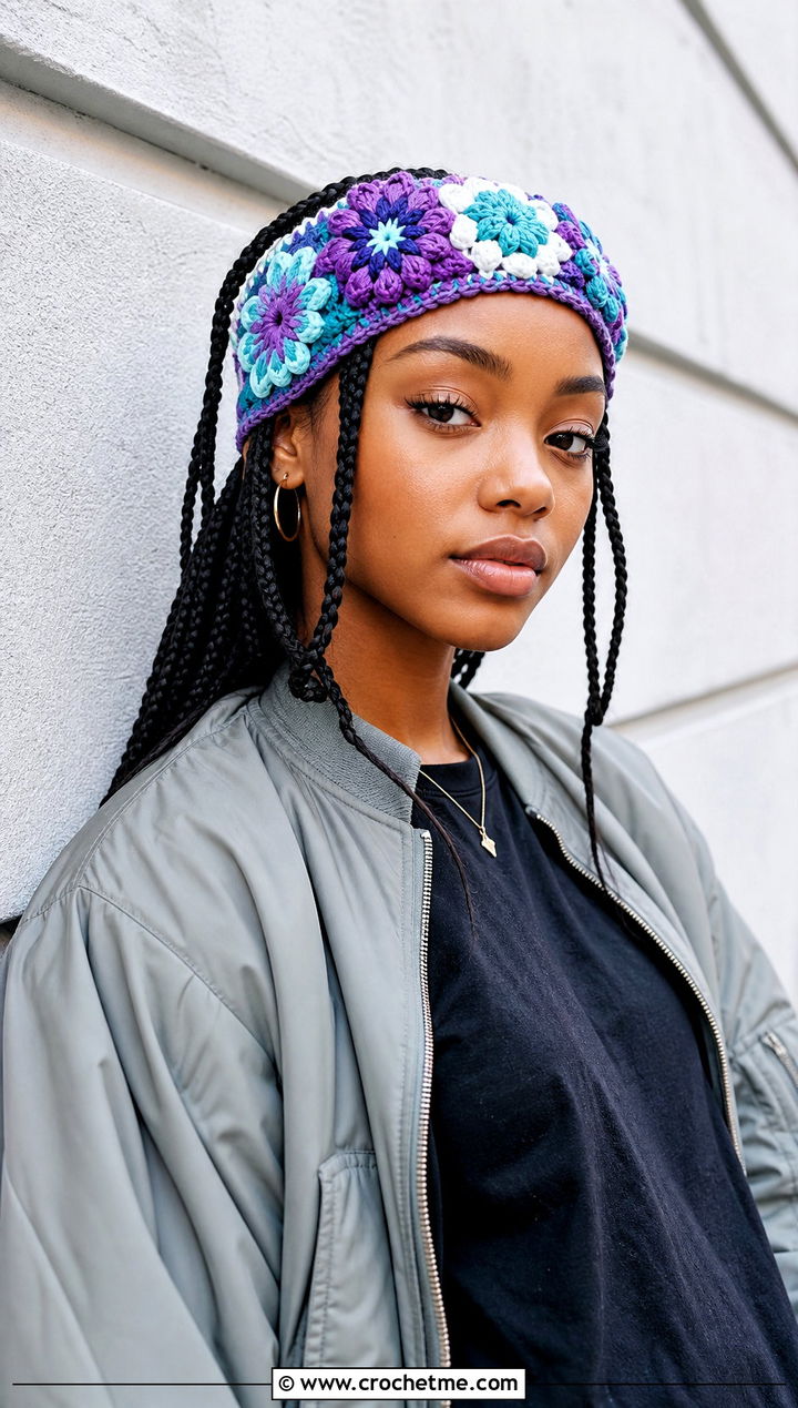 Granny Square Flower Headband With Streetwear Outfit - 15 crochet lovely flower headband outfit ideas