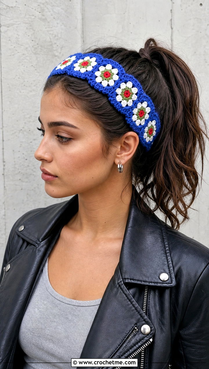 Granny Square Flower Lace Headband With Leather Jacket - 15 crochet flower headband on lace background outfit ideas