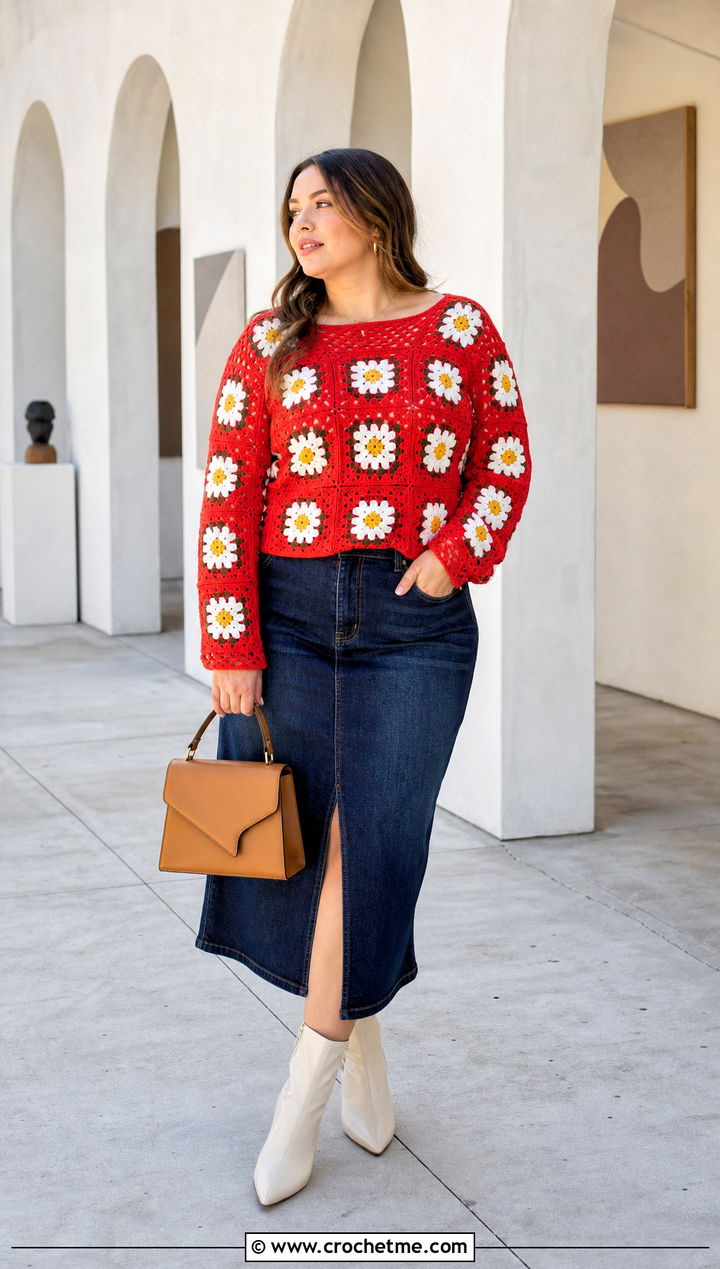 Granny Square Flower Long Sleeve Top With Denim Midi Skirt - 25 Crochet Flower Top Long Sleeve outfit ideas