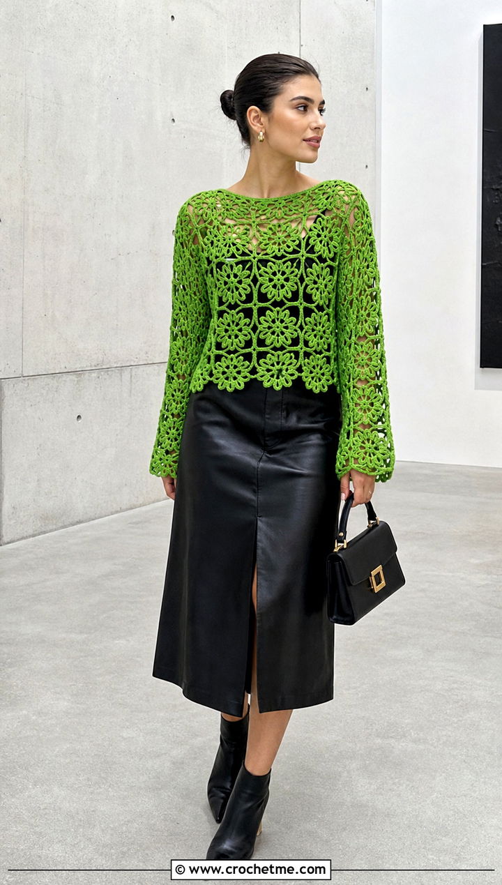Granny Square Flower Mesh Crochet Top With Leather Skirt - 25 mesh flower crochet top outfit ideas